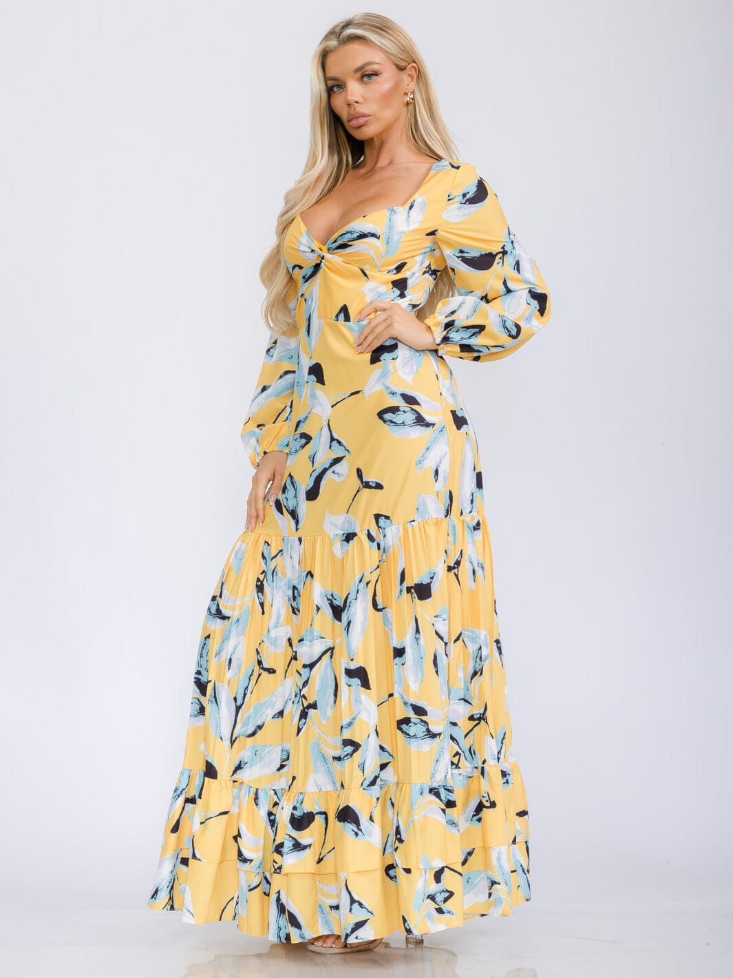 WOMEN'S LONG SLEEVE V-NECK TIERED FLORAL PRINT MAXI DRESS
