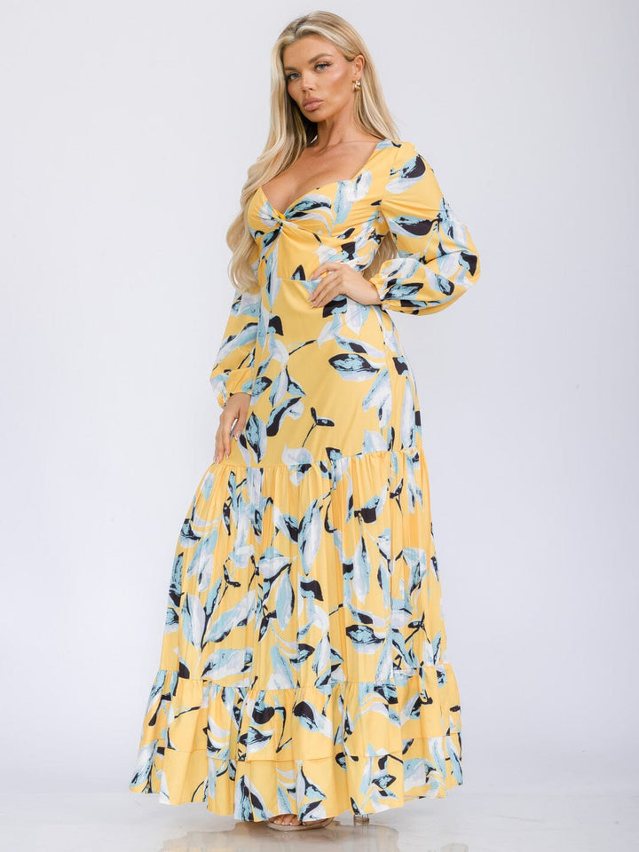 WOMEN'S LONG SLEEVE V-NECK TIERED FLORAL PRINT MAXI DRESS