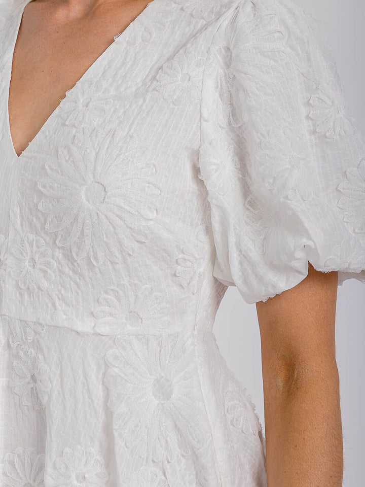 WOMEN'S SHORT PUFF SLEEVE V-NECK DETAILED FIT & FLARE MINI DRESS