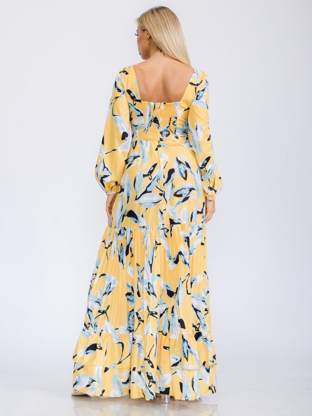 WOMEN'S LONG SLEEVE V-NECK TIERED FLORAL PRINT MAXI DRESS