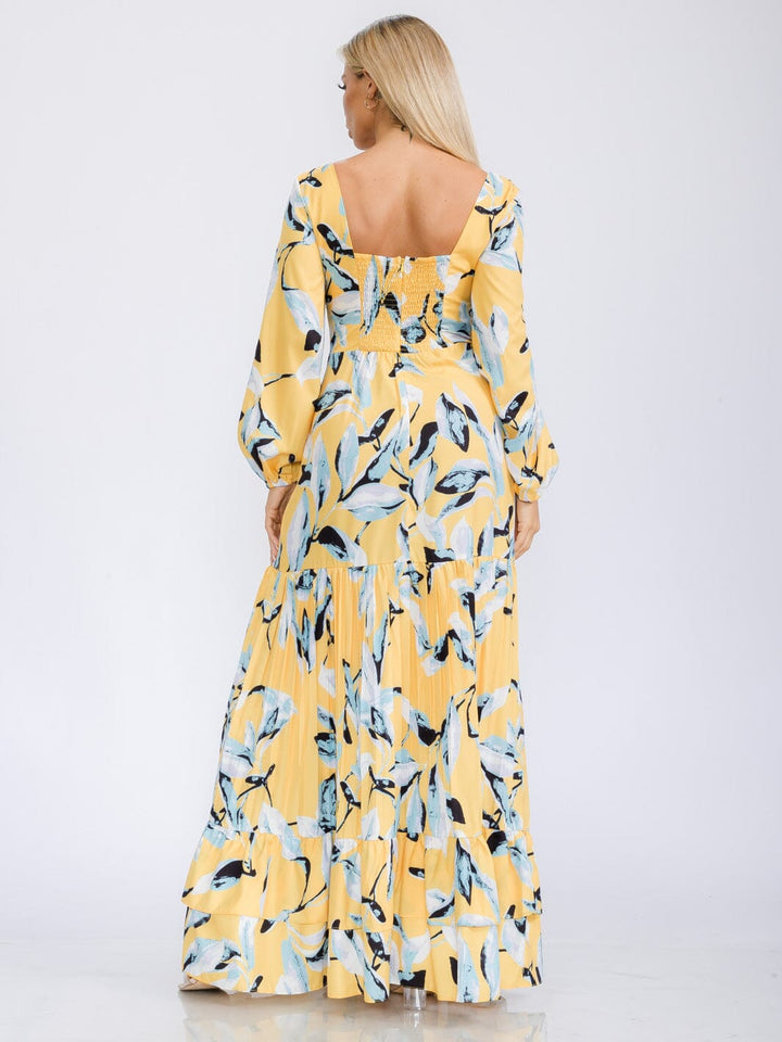 WOMEN'S LONG SLEEVE V-NECK TIERED FLORAL PRINT MAXI DRESS