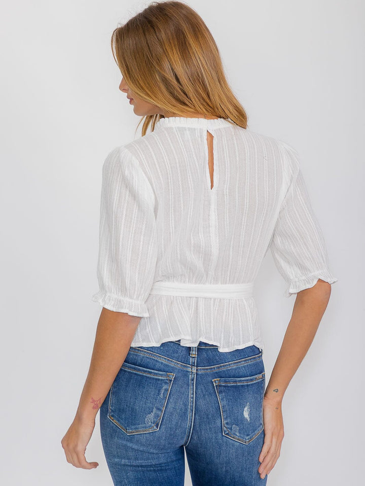 WOMEN'S SHORT SLEEVE SELF TIE DETAILED BLOUSE