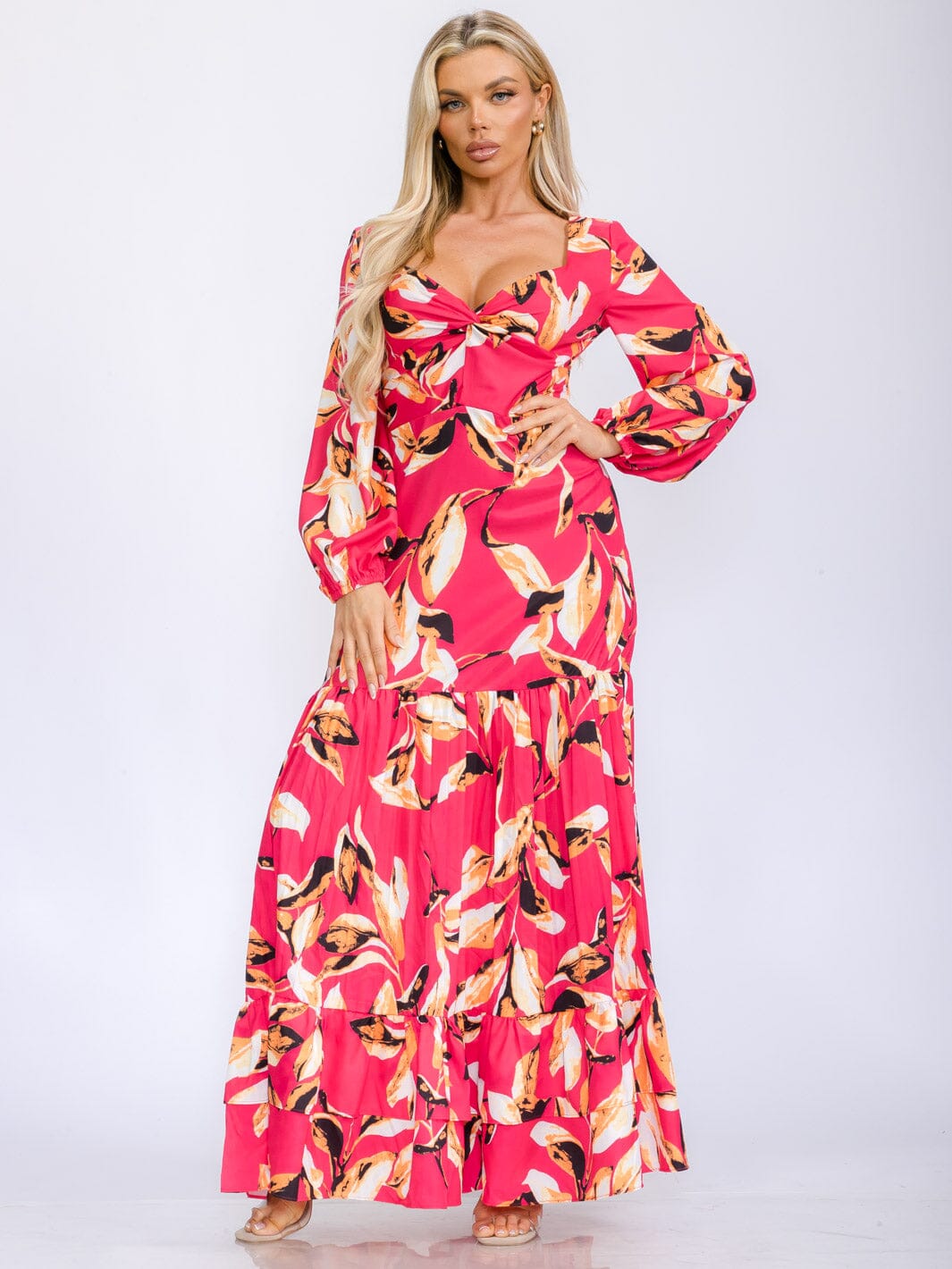 WOMEN'S LONG SLEEVE V-NECK TIERED FLORAL PRINT MAXI DRESS