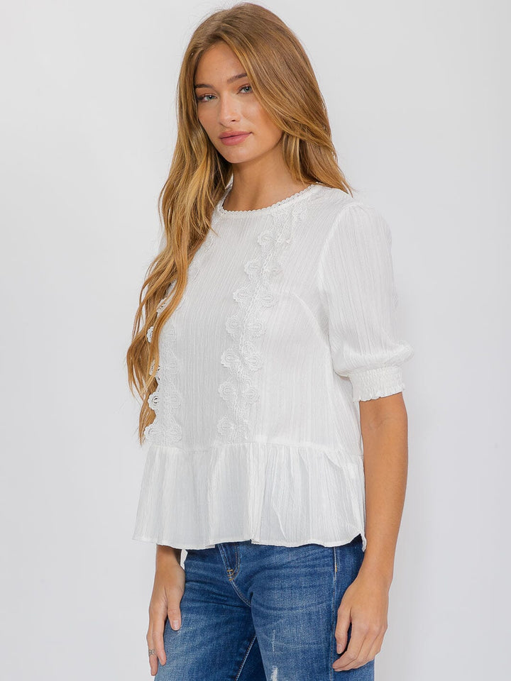 WOMEN'S SHORT SLEEVE CROCHET DETAILED BLOUSE