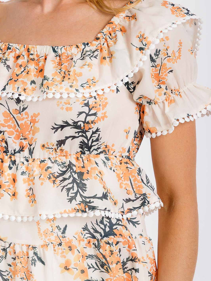 WOMEN'S SHORT SLEEVE ELASTIC WAIST TIERED FLORAL MINI DRESS