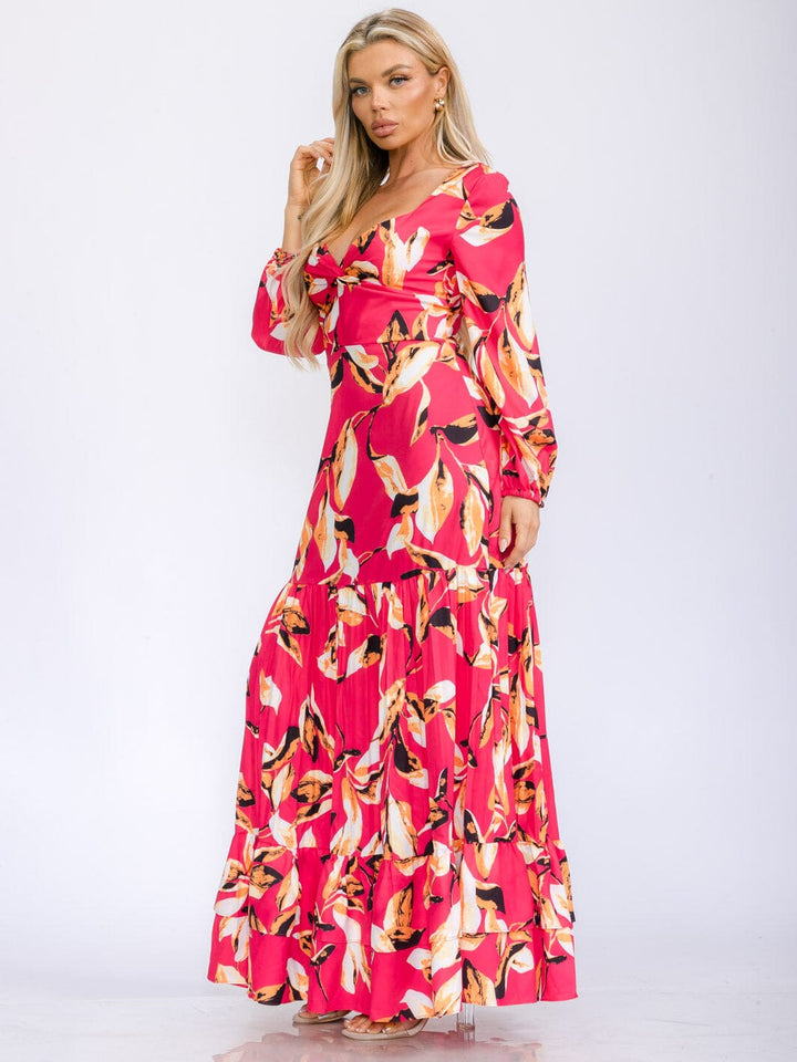 WOMEN'S LONG SLEEVE V-NECK TIERED FLORAL PRINT MAXI DRESS