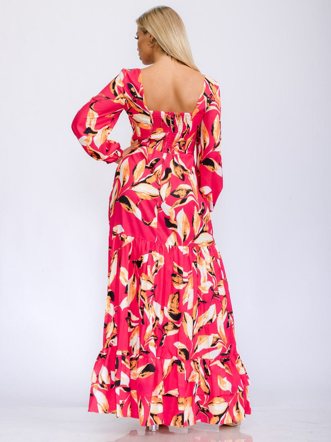 WOMEN'S LONG SLEEVE V-NECK TIERED FLORAL PRINT MAXI DRESS