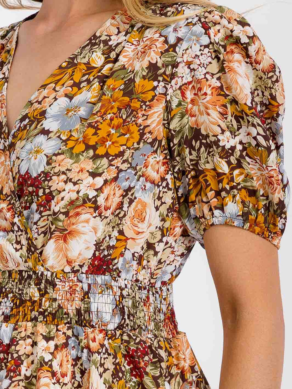 WOMEN'S SHORT SLEEVE SURPLICE TIERED SMOCK FLORAL MINI DRESS