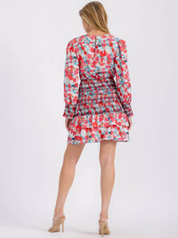 WOMEN'S LONG SLEEVE BUTTON UP SMOCK FLORAL MINI DRESS