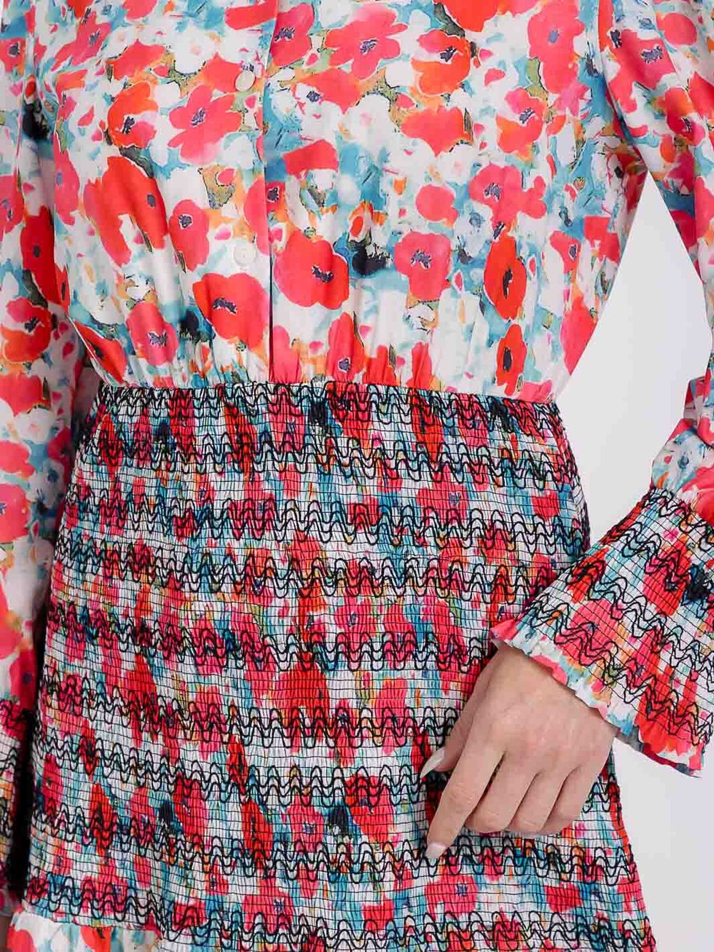 WOMEN'S LONG SLEEVE BUTTON UP SMOCK FLORAL MINI DRESS