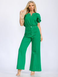WOMEN'S SHORT SLEEVE BLOUSE & BUTTON CLOSURE WIDE LEG PANTS DENIM 2PC. SET