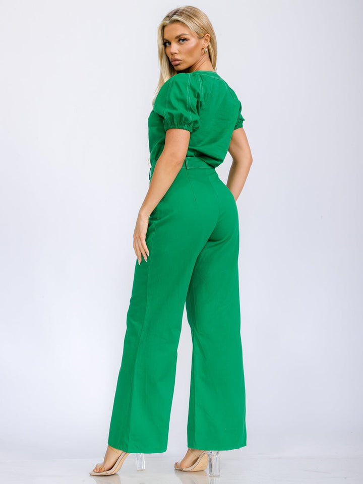 WOMEN'S SHORT SLEEVE BLOUSE & BUTTON CLOSURE WIDE LEG PANTS DENIM 2PC. SET