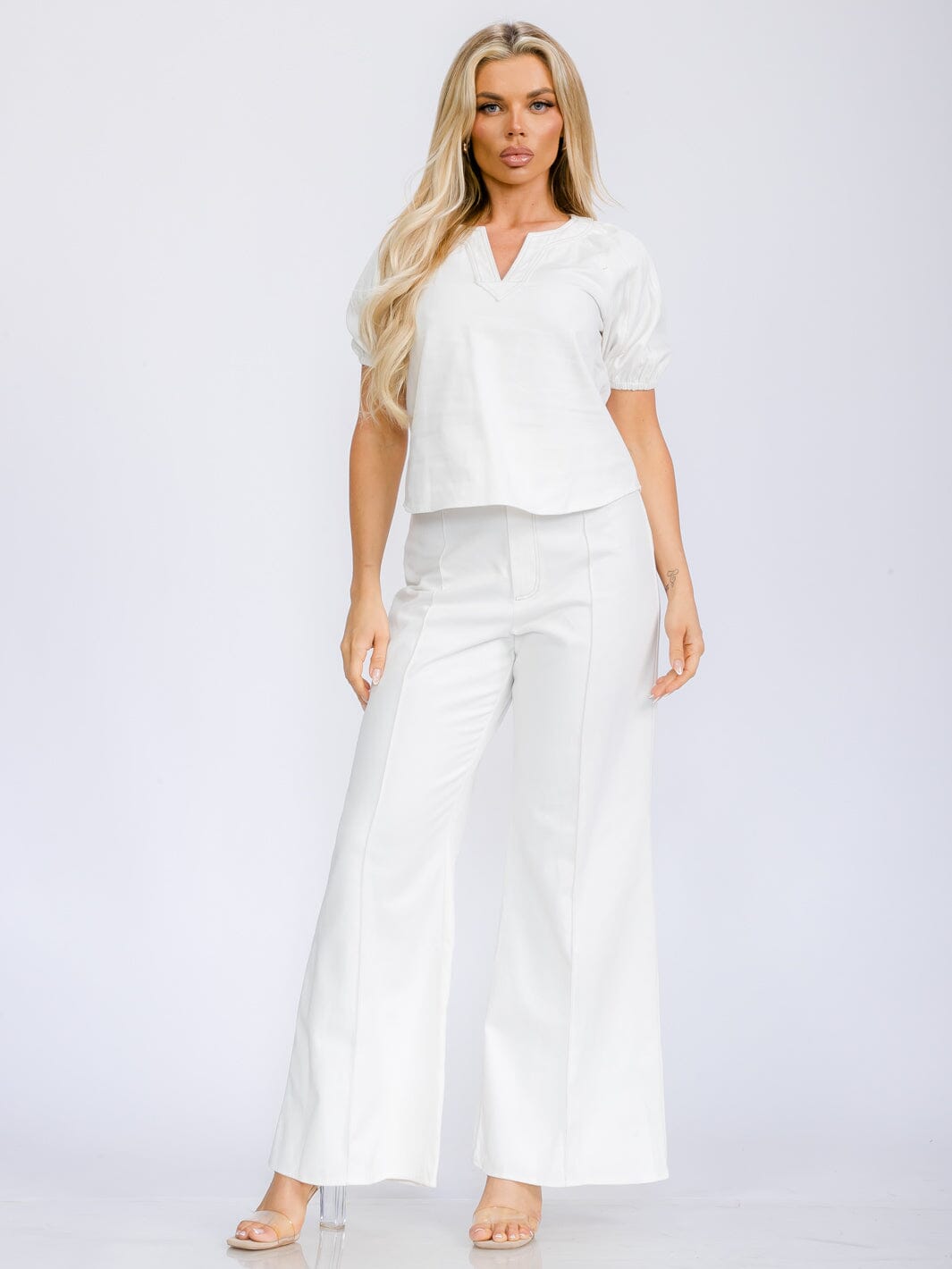 WOMEN'S SHORT SLEEVE BLOUSE & BUTTON CLOSURE WIDE LEG PANTS DENIM 2PC. SET