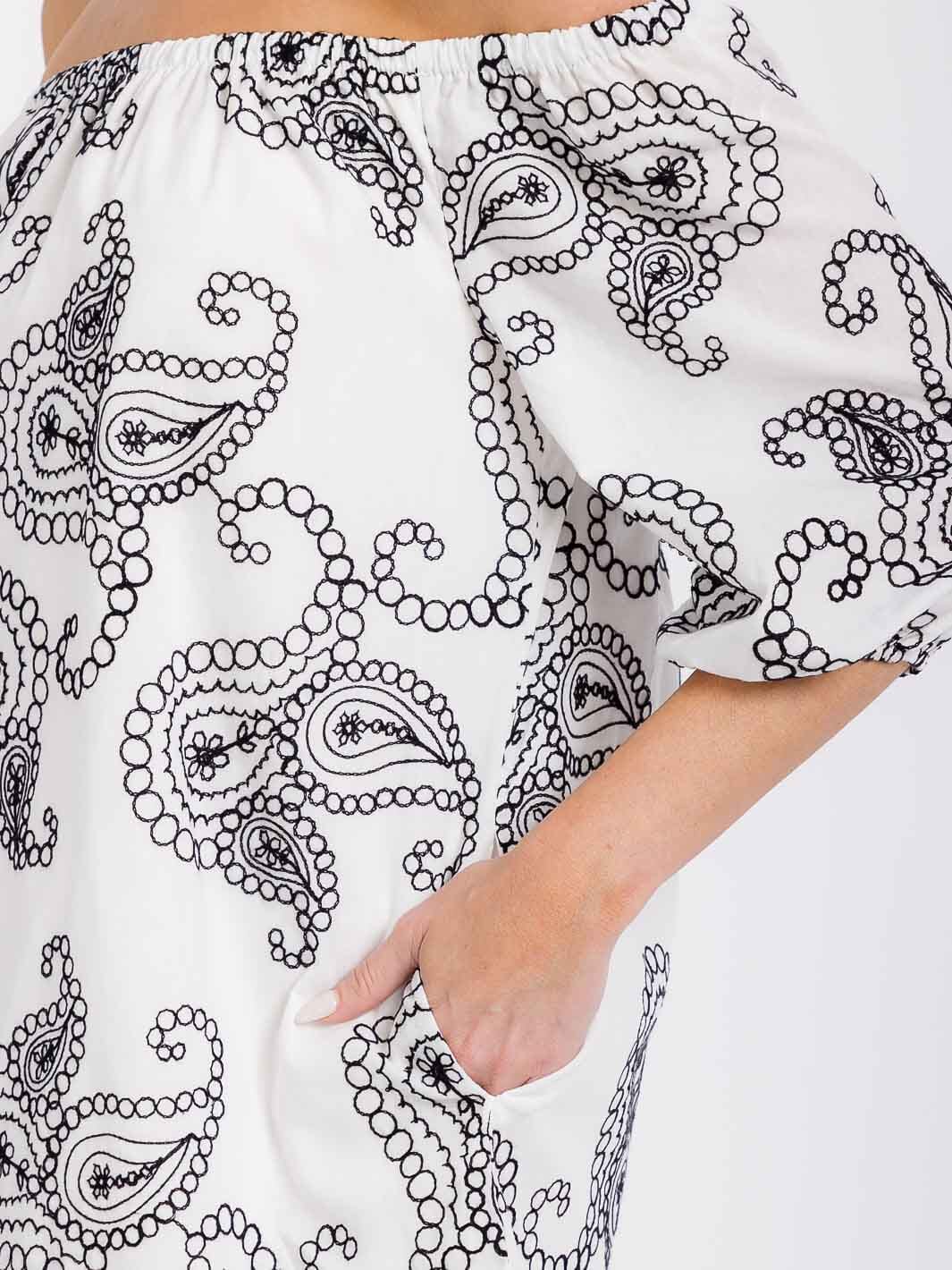 WOMEN'S OFF SHOULDER SHORT SLEEVES FRONT POCKETS PAISLEY PRINT TUNIC MINI DRESS