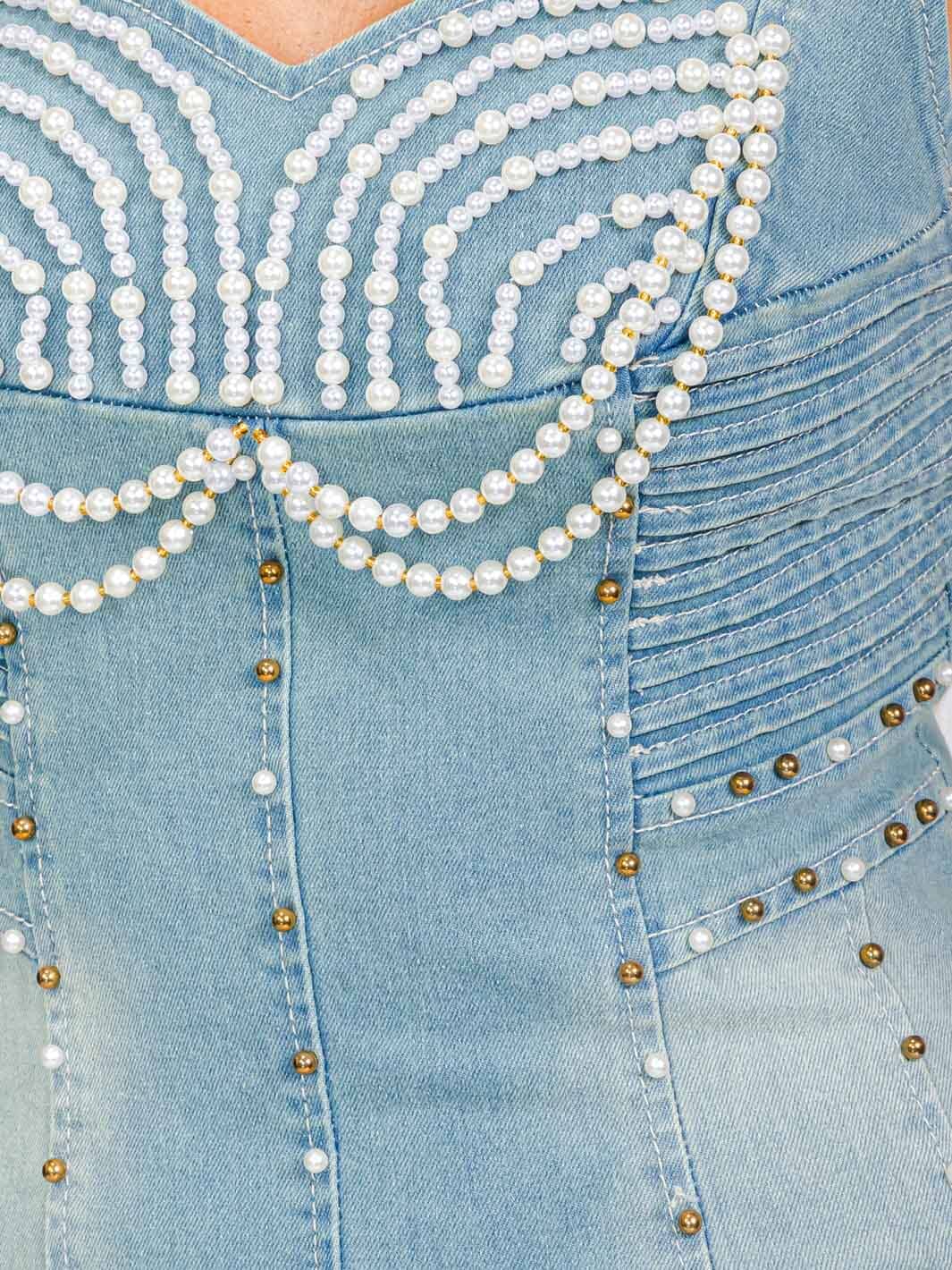 WOMEN'S SLEEVELESS PEARL DETAILED FIT & FLARE DENIM WASHED MIDI DRESS