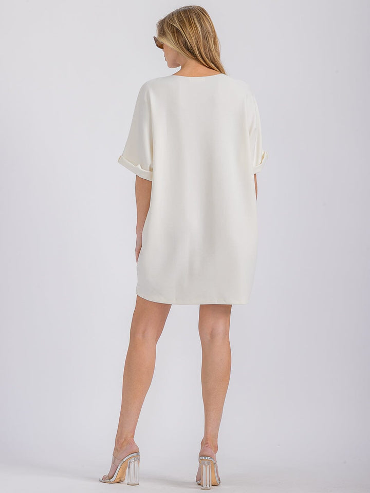 WOMEN'S SHORT SLEEVE FRONT POCKETS V-NECK TUNIC MINI DRESS