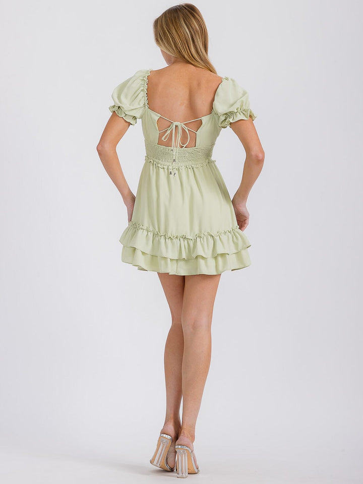 WOMEN'S SHORT SLEEVE CUT OUT SMOCK WAIST OPEN BACK RUFFLE MINI DRESS