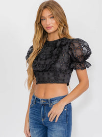 WOMEN'S SHORT PUFF SLEEVE EYELET DETAILED CROP TOP