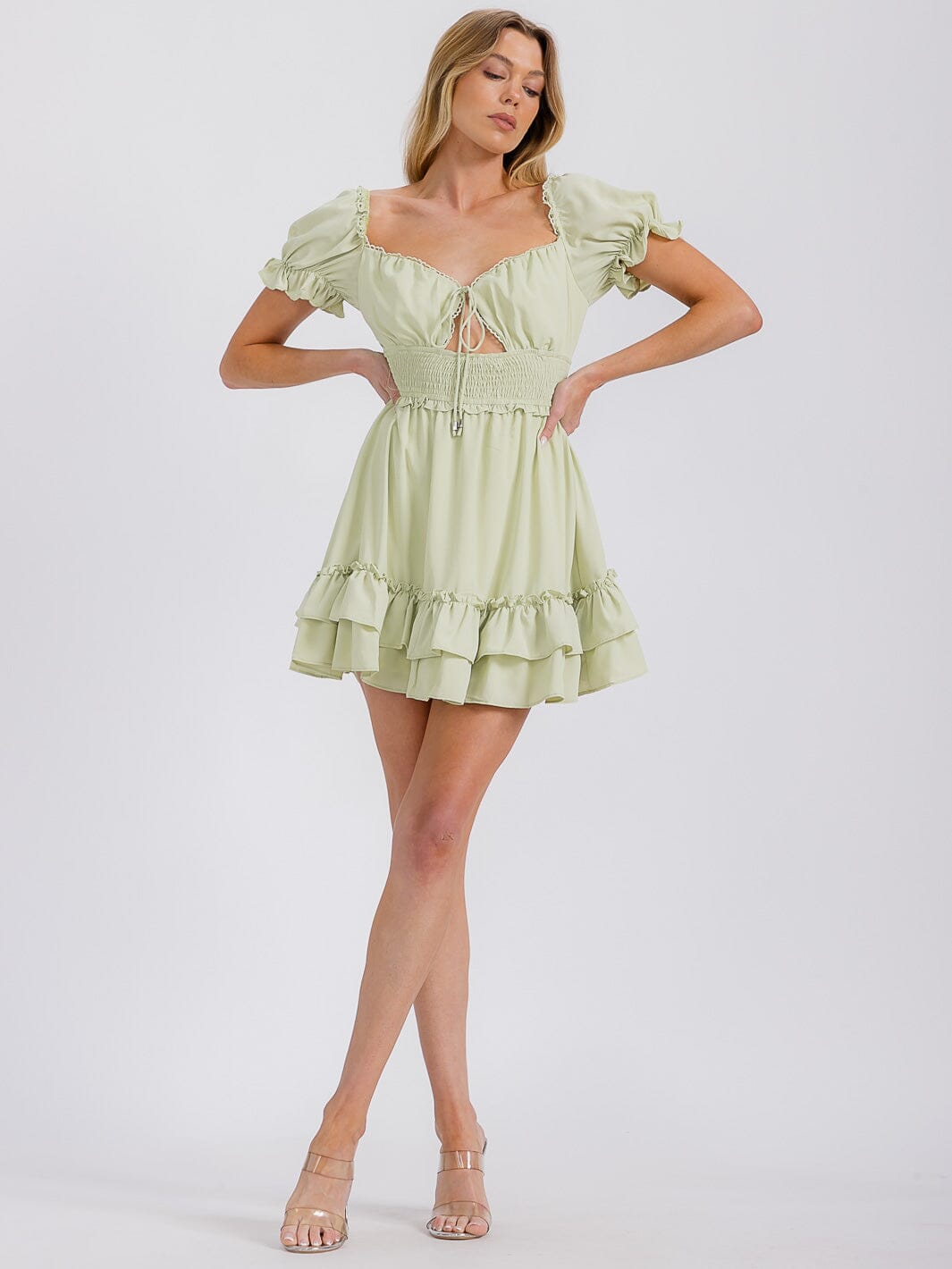 WOMEN'S SHORT SLEEVE CUT OUT SMOCK WAIST OPEN BACK RUFFLE MINI DRESS