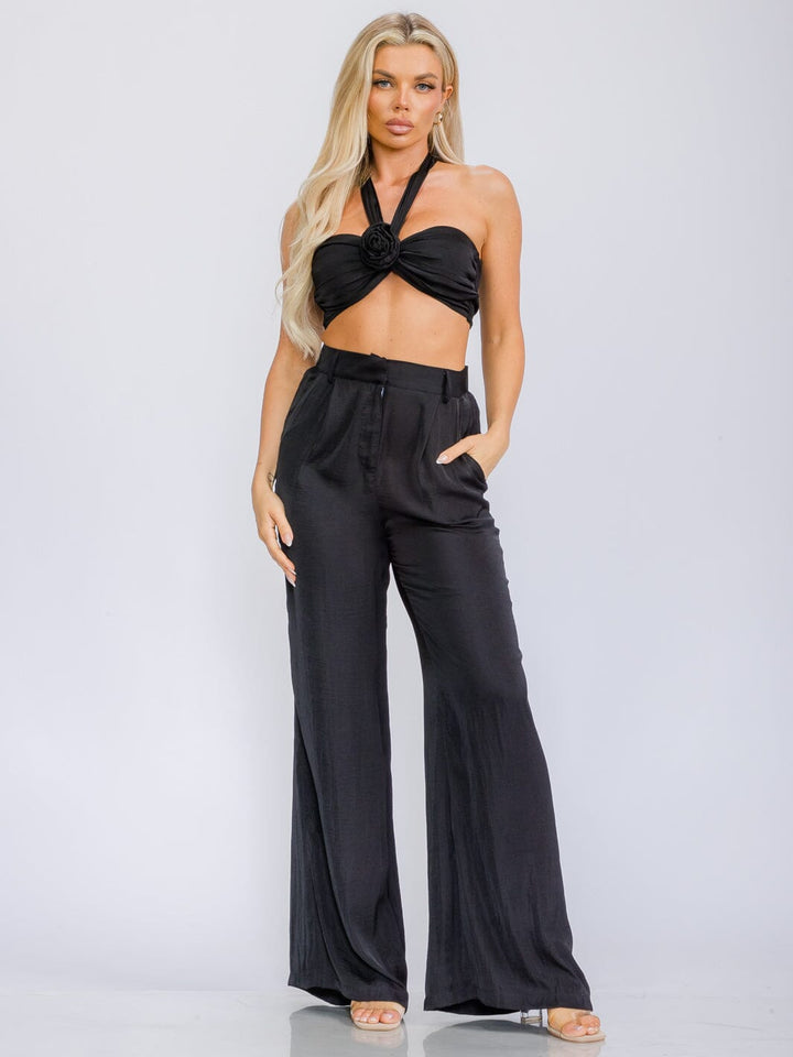 WOMEN'S CROP TOP & ELASTIC WAIST PANTS FLOWER DETAILED 2PC SET