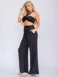 WOMEN'S CROP TOP & ELASTIC WAIST PANTS FLOWER DETAILED 2PC SET