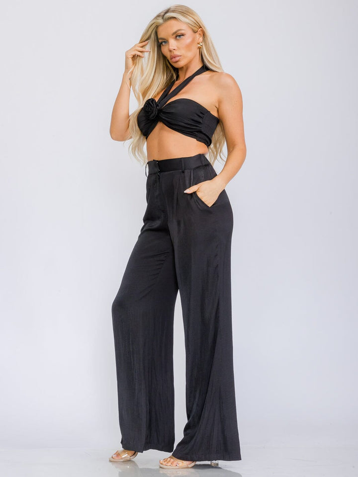 WOMEN'S CROP TOP & ELASTIC WAIST PANTS FLOWER DETAILED 2PC SET