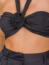 WOMEN'S CROP TOP & ELASTIC WAIST PANTS FLOWER DETAILED 2PC SET