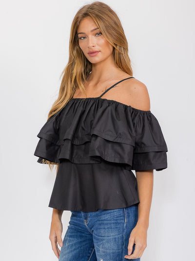 WOMEN'S OFF SHOULDER TIERED RUFFLE BLOUSE - Wholesale accessories from Wholesale Fashion Trends, United States