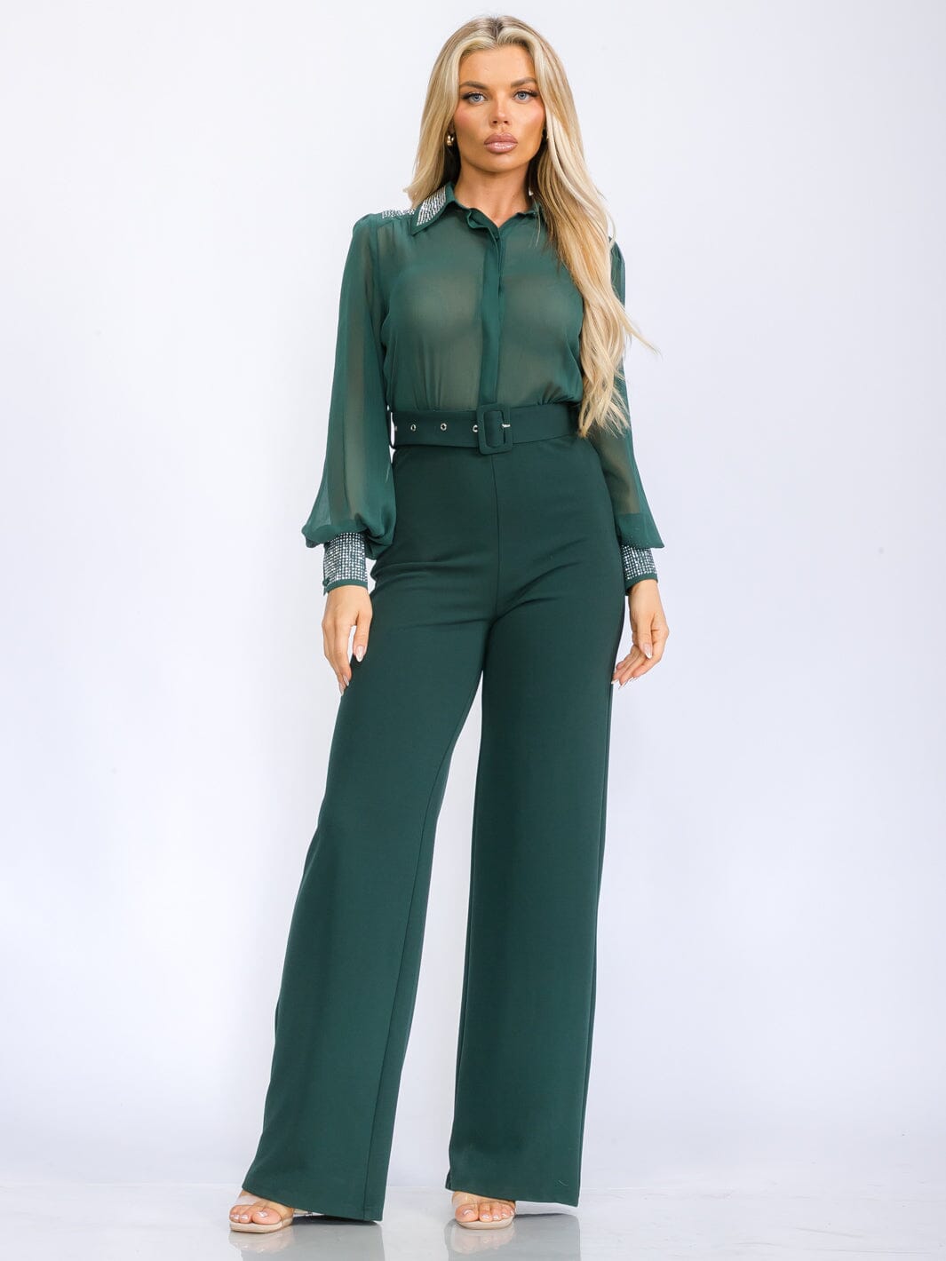 WOMEN'S LONG SLEEVE BUTTON UP MESH STUDS DETAILED BELTED WIDE LEG JUMPSUIT