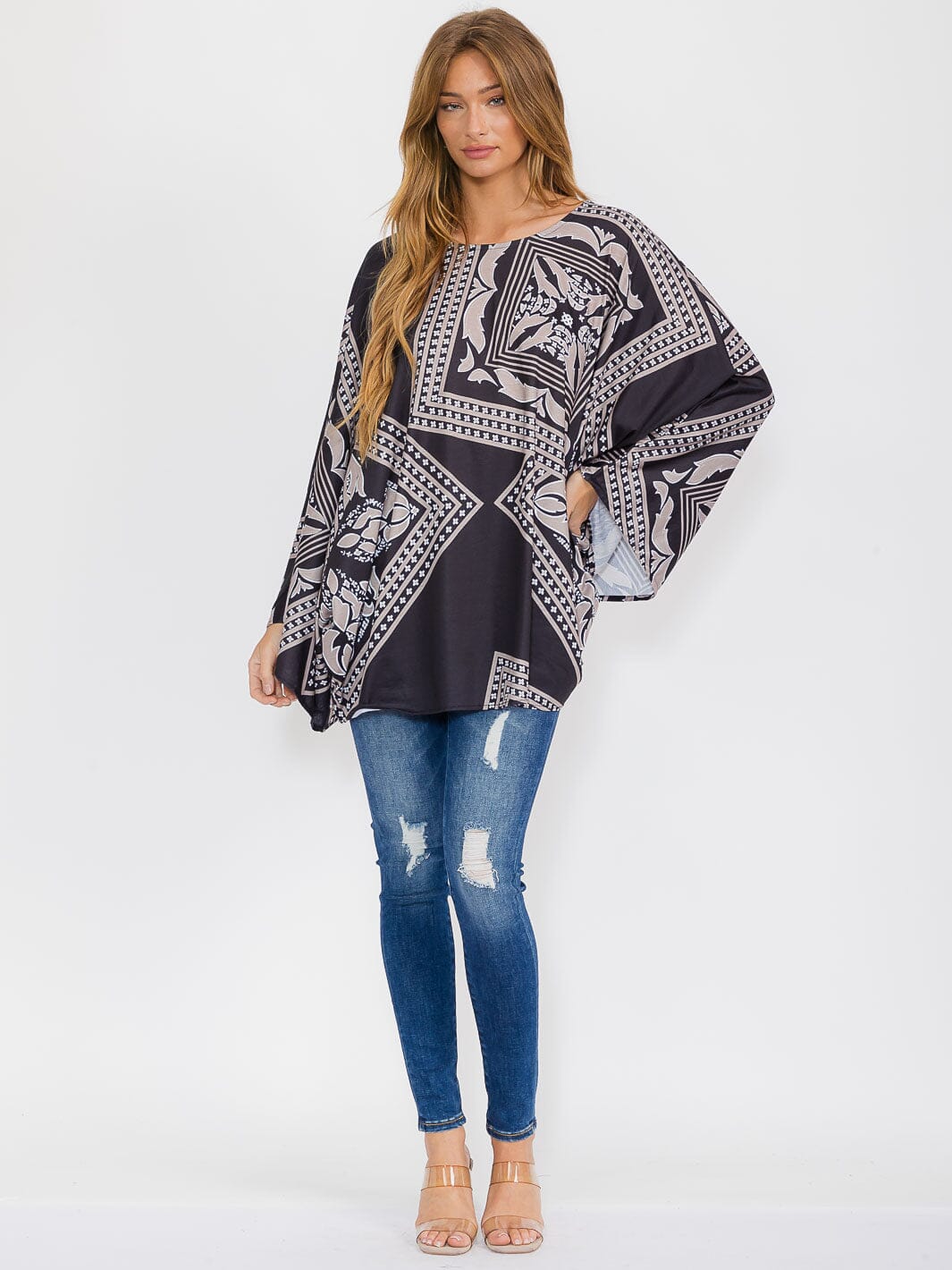 WOMEN'S LONG SLEEVE MULTI PRINT TUNIC BLOUSE