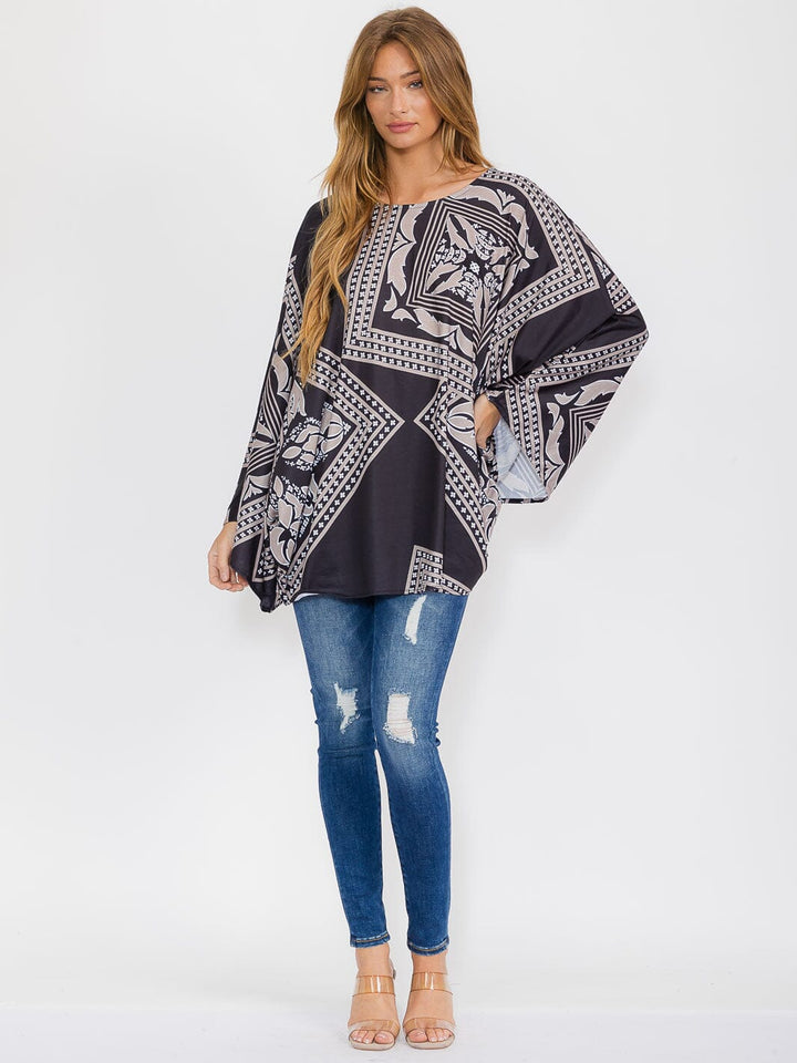 WOMEN'S LONG SLEEVE MULTI PRINT TUNIC BLOUSE