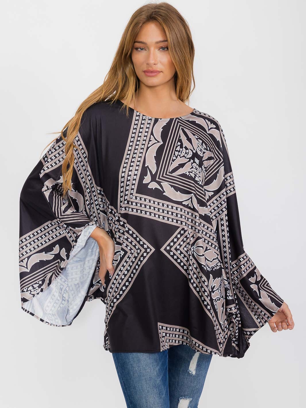 WOMEN'S LONG SLEEVE MULTI PRINT TUNIC BLOUSE