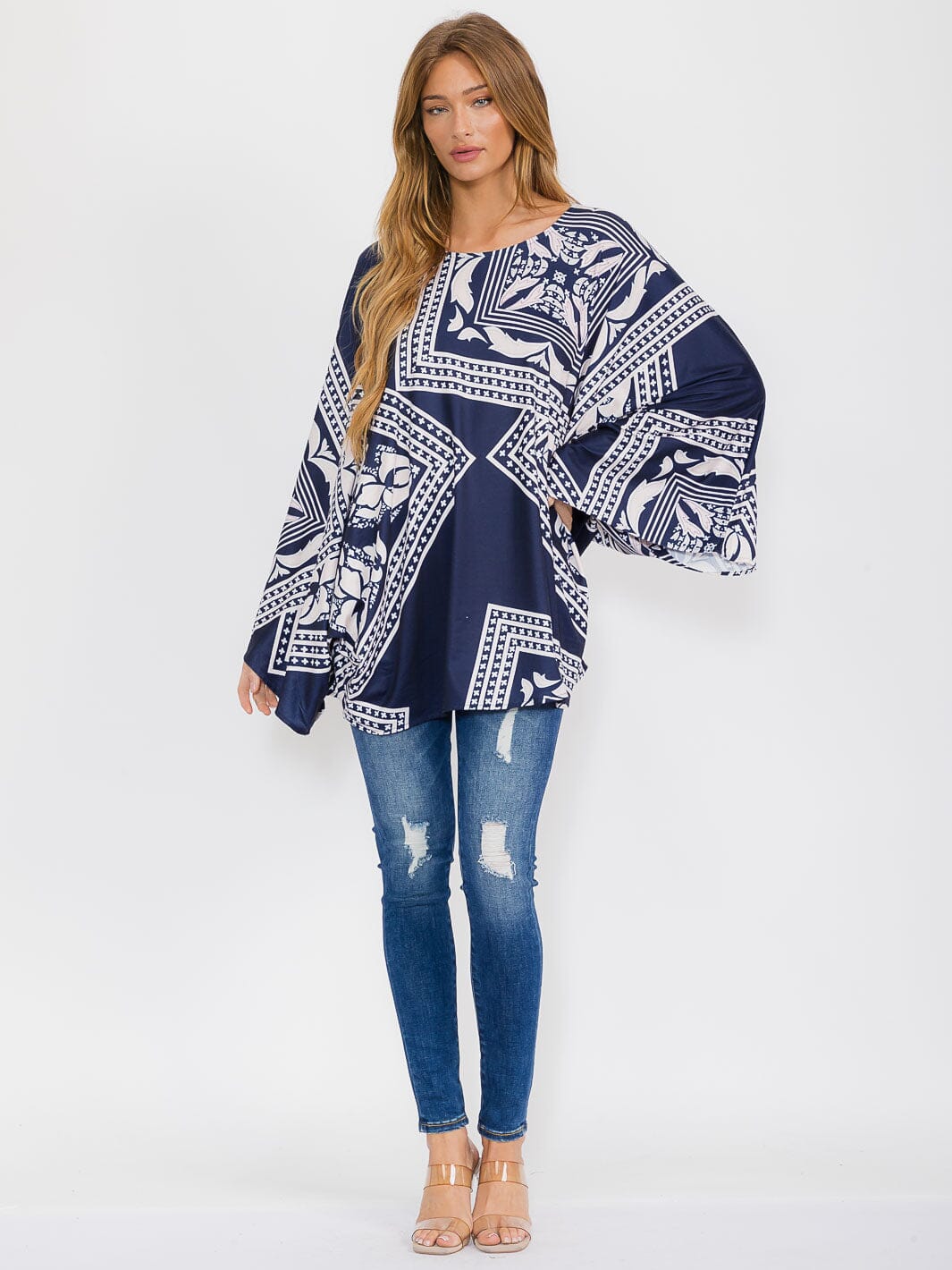 WOMEN'S LONG SLEEVE MULTI PRINT TUNIC BLOUSE