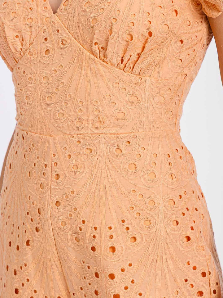 WOMEN'S RUFFLE SLEEVE V-NECK SMOCK EYELET ROMPER