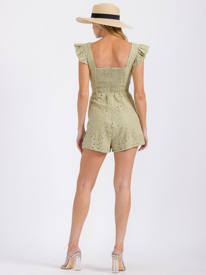 WOMEN'S RUFFLE SLEEVE V-NECK SMOCK EYELET ROMPER