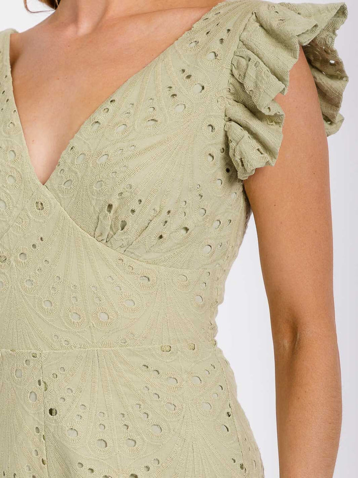 WOMEN'S RUFFLE SLEEVE V-NECK SMOCK EYELET ROMPER