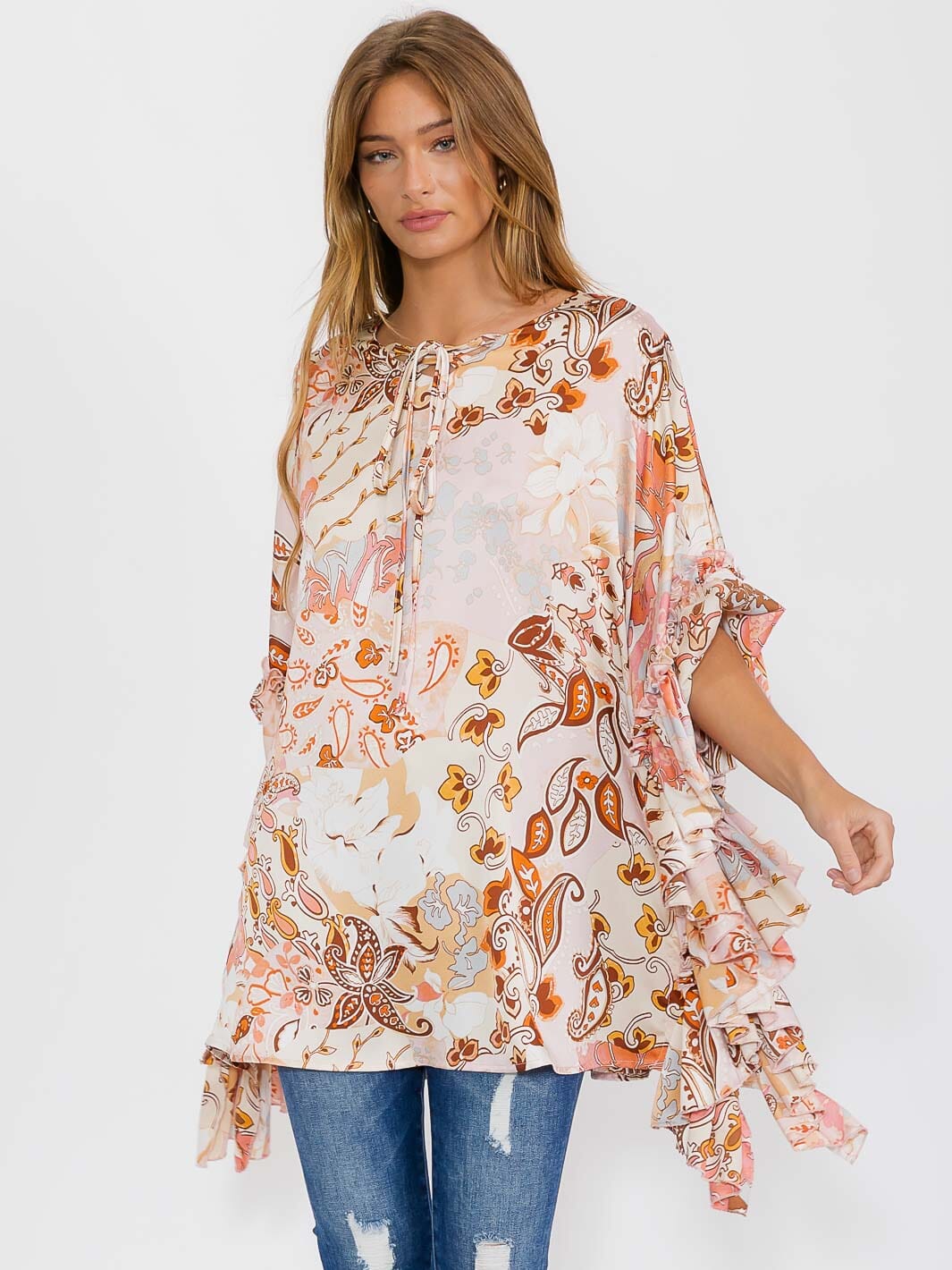 WOMEN'S SHORT SLEEVE TUNIC MULTI PRINT BLOUSE