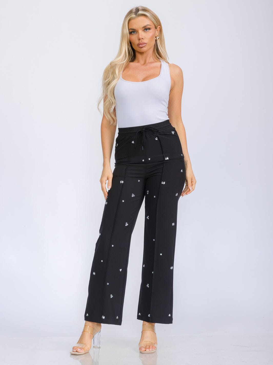 WOMEN'S ELASTIC WAIST SELF TIE STUDS DETAILED WIDE LEG PANTS