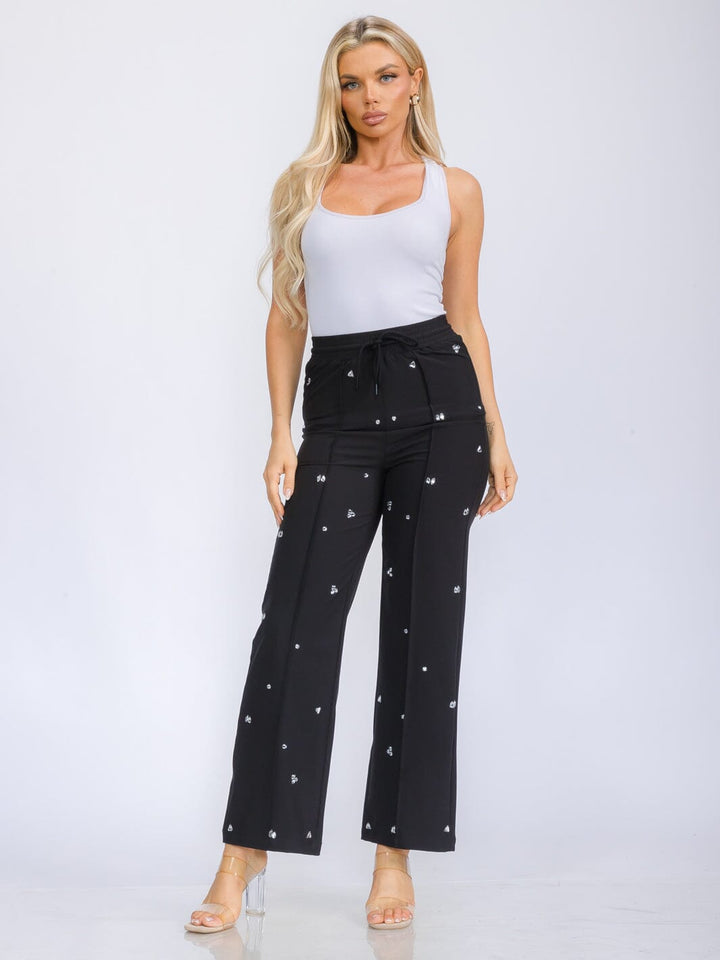 WOMEN'S ELASTIC WAIST SELF TIE STUDS DETAILED WIDE LEG PANTS