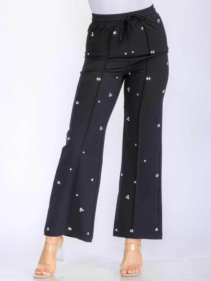 WOMEN'S ELASTIC WAIST SELF TIE STUDS DETAILED WIDE LEG PANTS