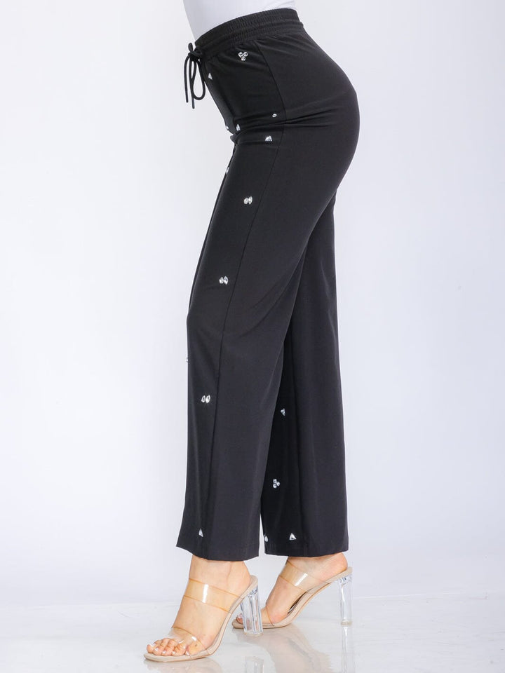WOMEN'S ELASTIC WAIST SELF TIE STUDS DETAILED WIDE LEG PANTS