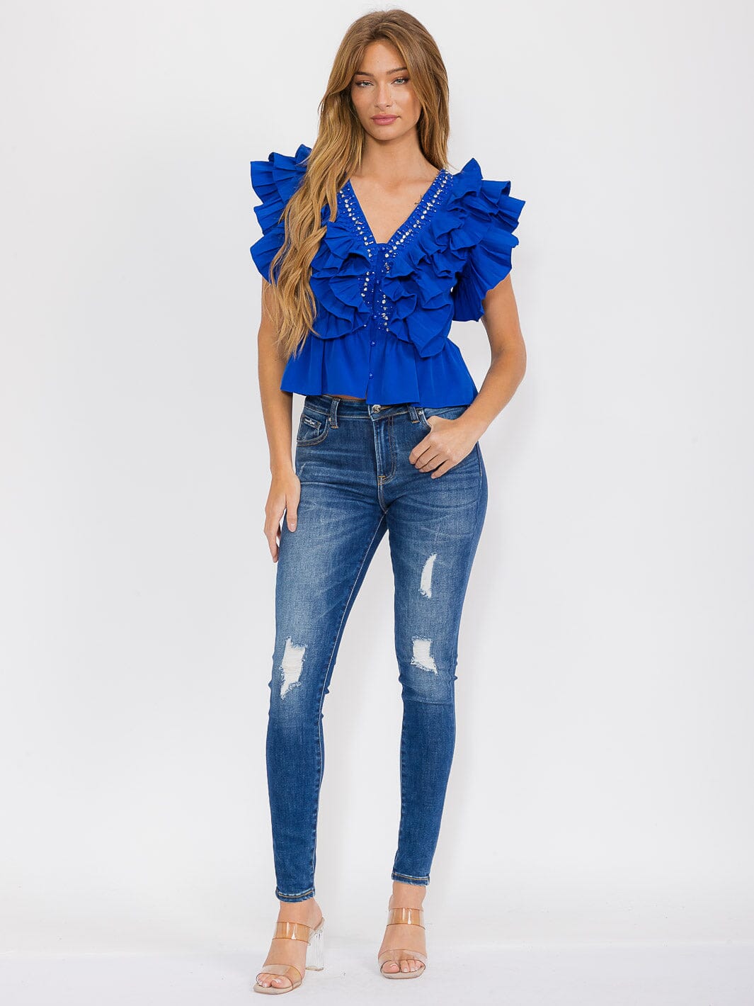 WOMEN'S SHORT SLEEVE BUTTON UP RUFFLE V-NECK BLOUSE