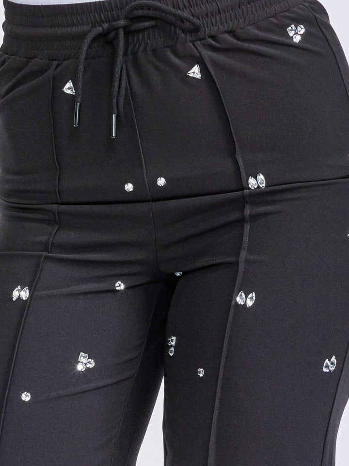 WOMEN'S ELASTIC WAIST SELF TIE STUDS DETAILED WIDE LEG PANTS