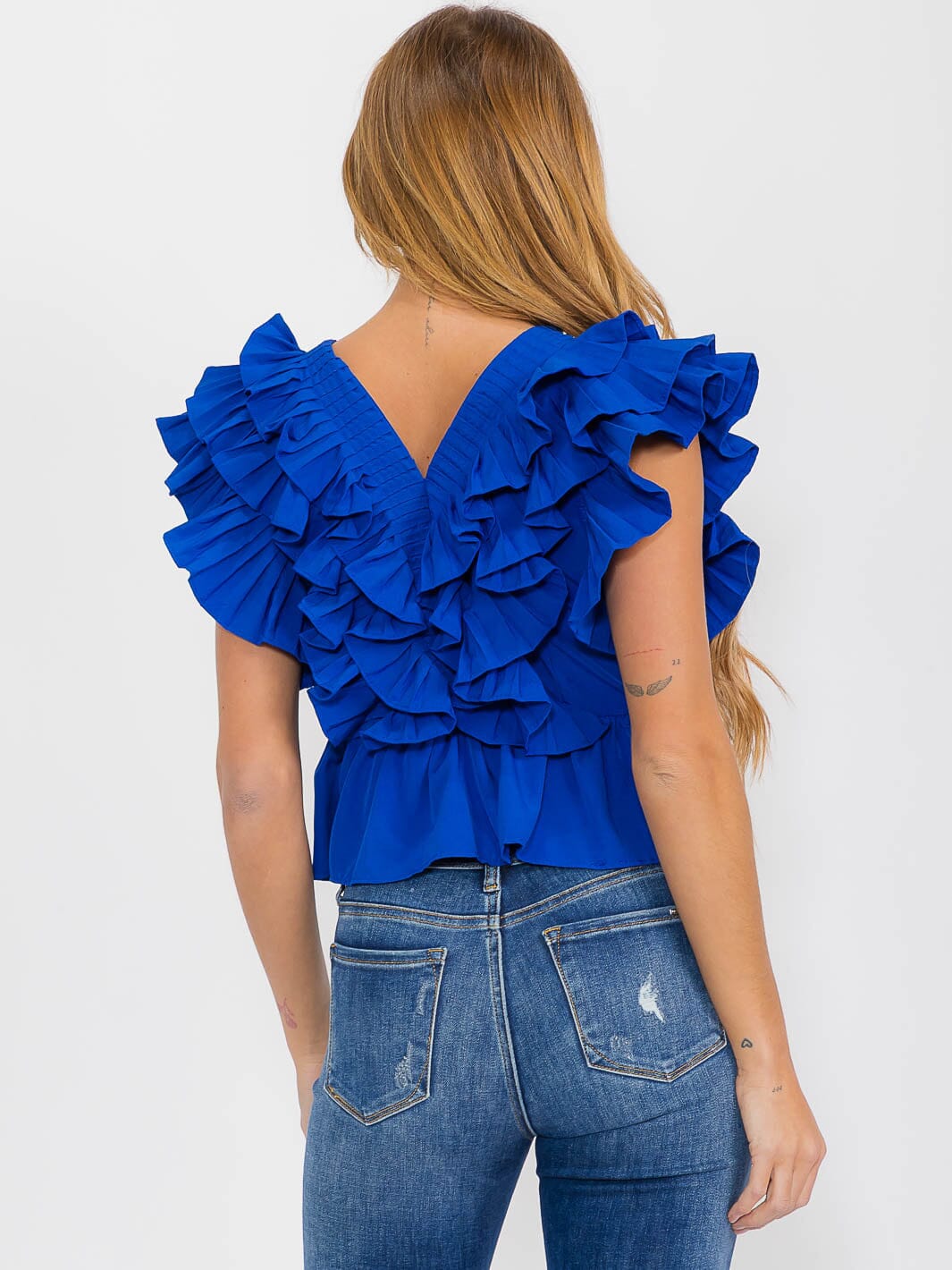 WOMEN'S SHORT SLEEVE BUTTON UP RUFFLE V-NECK BLOUSE