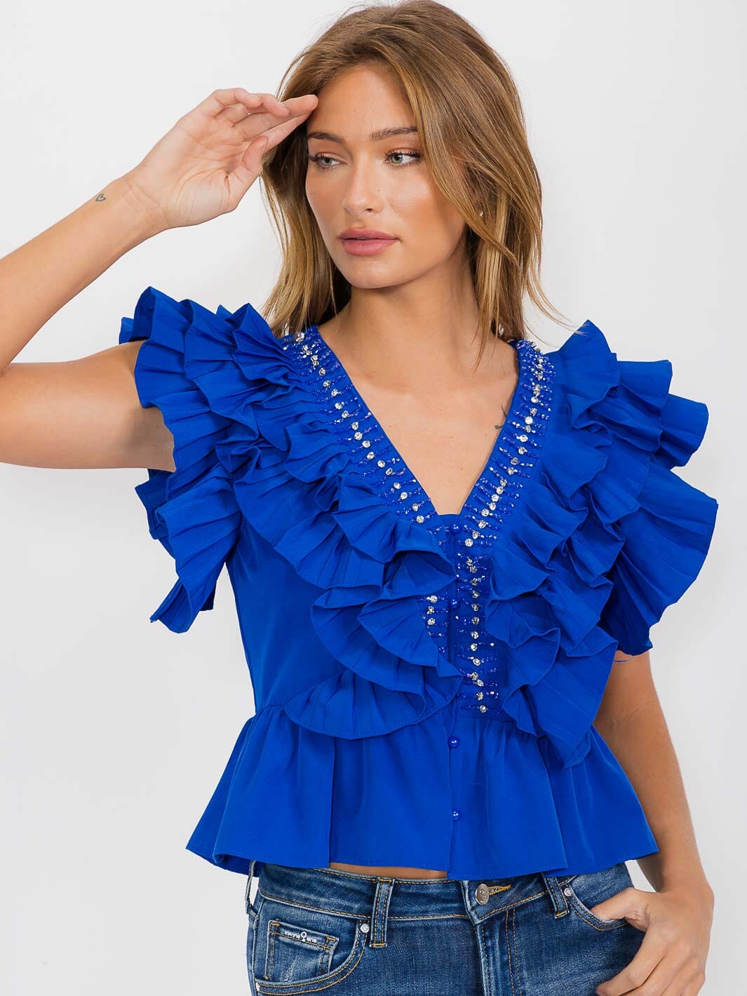 WOMEN'S SHORT SLEEVE BUTTON UP RUFFLE V-NECK BLOUSE