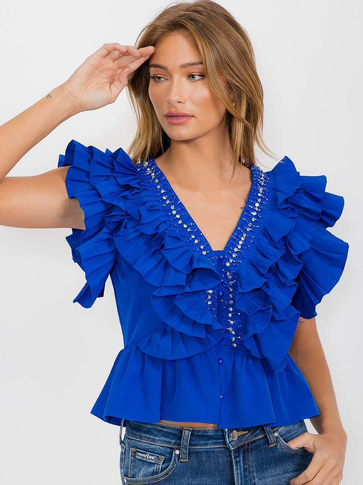 WOMEN'S SHORT SLEEVE BUTTON UP RUFFLE V-NECK BLOUSE