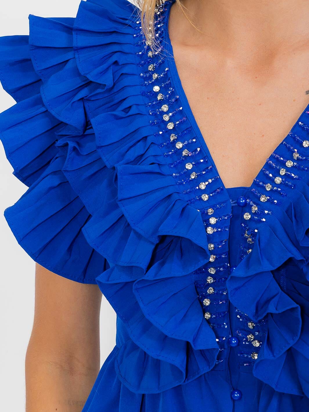 WOMEN'S SHORT SLEEVE BUTTON UP RUFFLE V-NECK BLOUSE