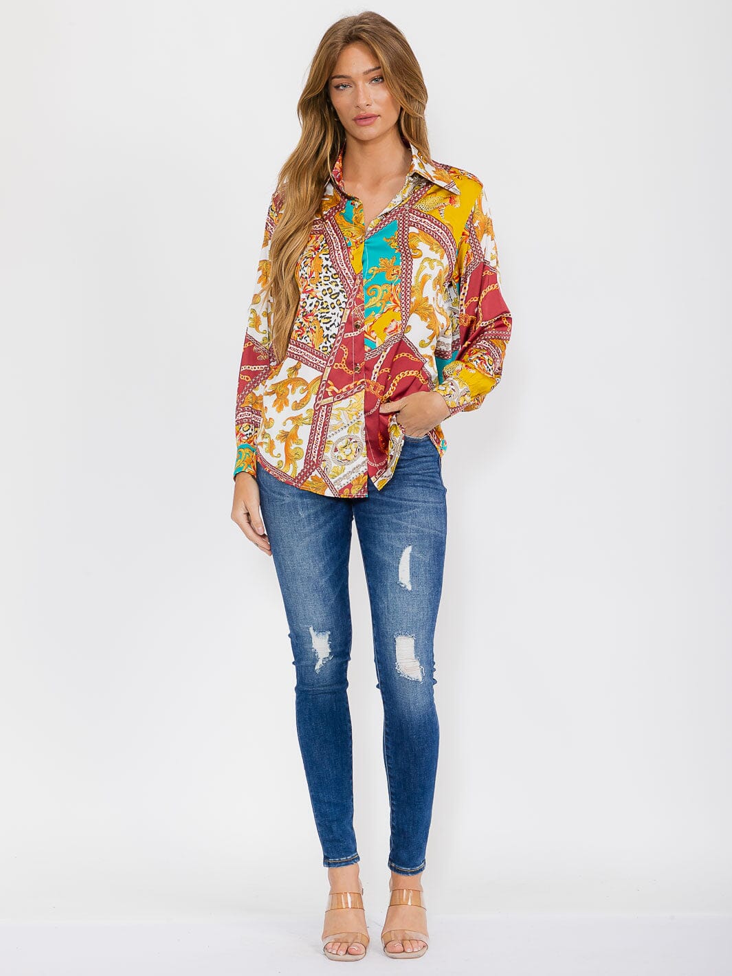 WOMEN'S LONG SLEEVE BUTTON UP MULTI PRINT BLOUSE