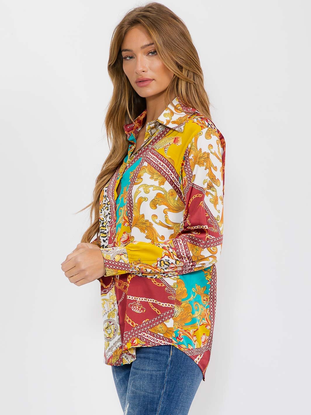 WOMEN'S LONG SLEEVE BUTTON UP MULTI PRINT BLOUSE