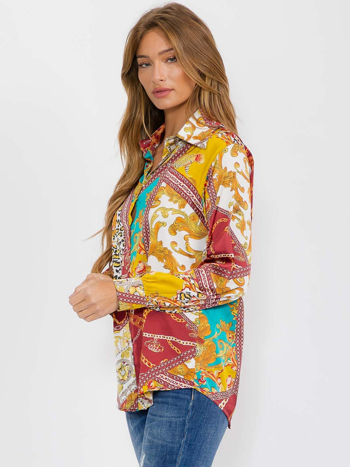 WOMEN'S LONG SLEEVE BUTTON UP MULTI PRINT BLOUSE